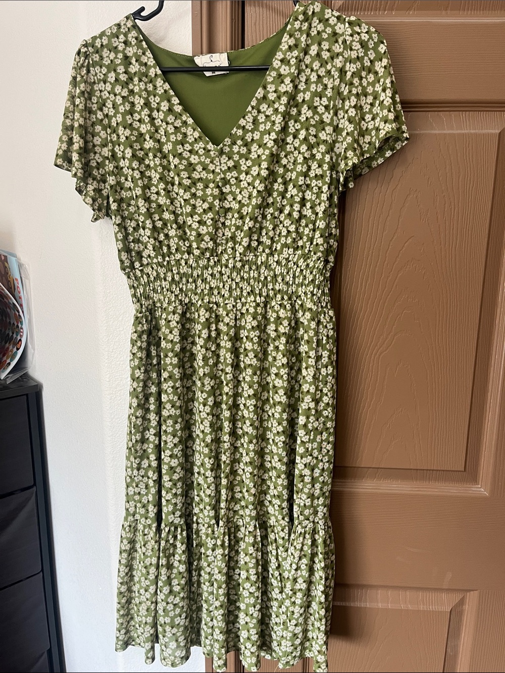 Smocked V-Neck Olive Green Floral Midi Dress